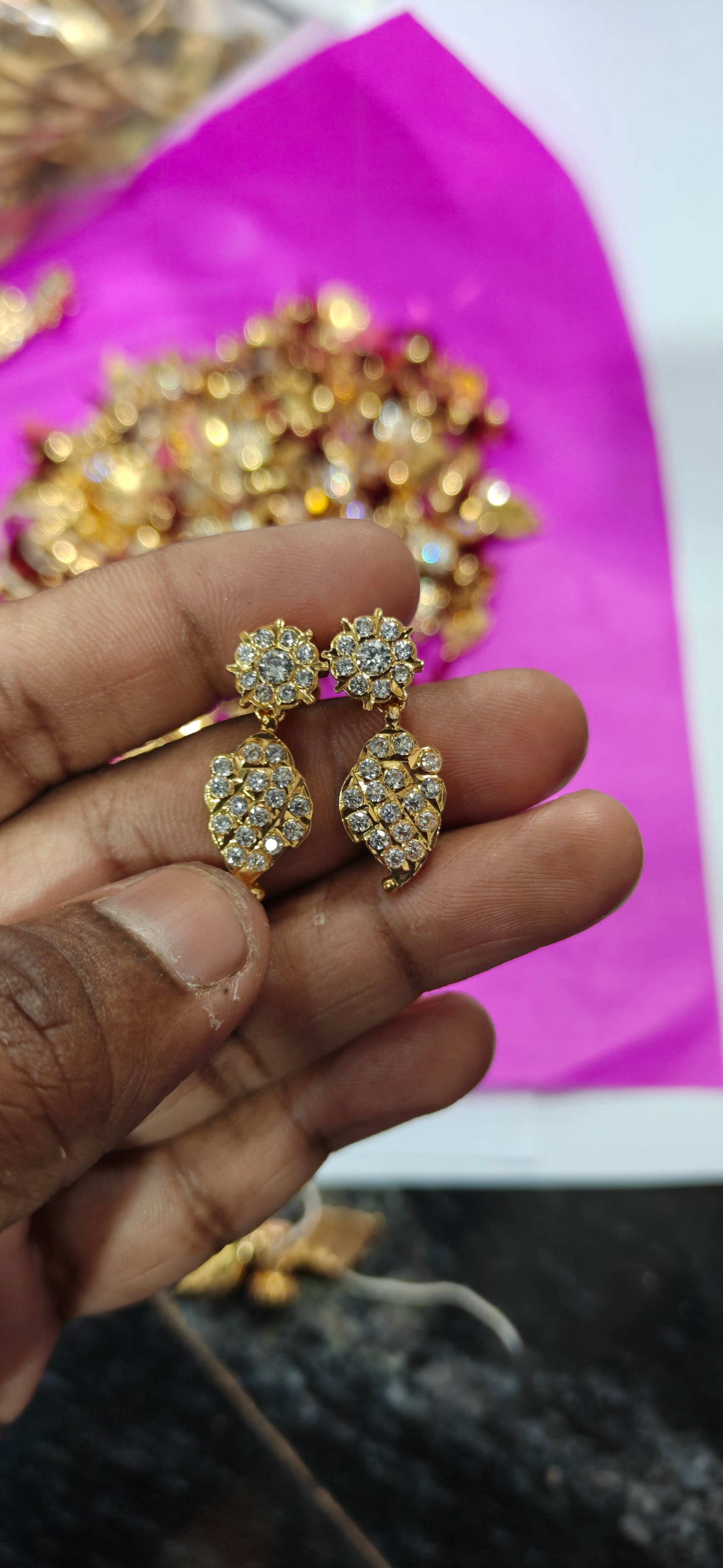Traditional Plate Work Stone Fitting Earrings with Kattu Polish